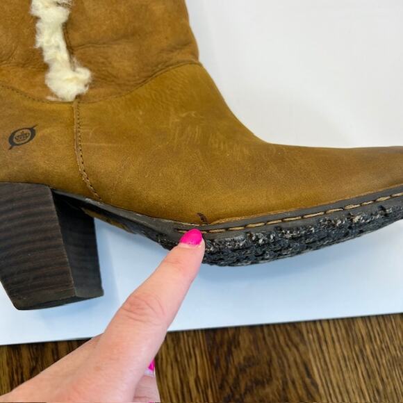 Born Boots Donna Booties Womens 8.5 Cognac Brown Leather Sherpa Lined Block Heel - Picture 6 of 10